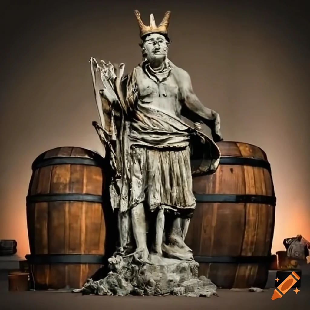 statue of a king on a moonshine barrel in a cemetery