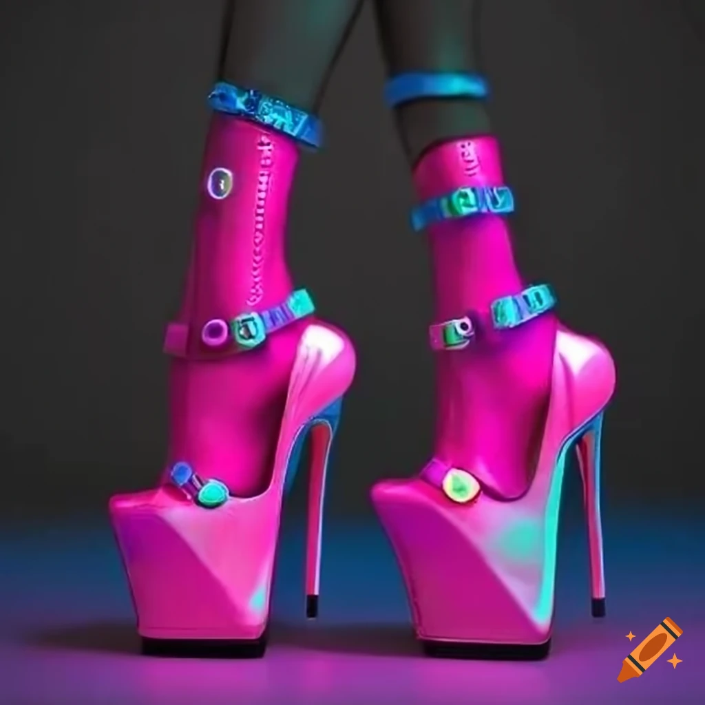 Neon futuristic high heel shoes with colorful buttons on Craiyon