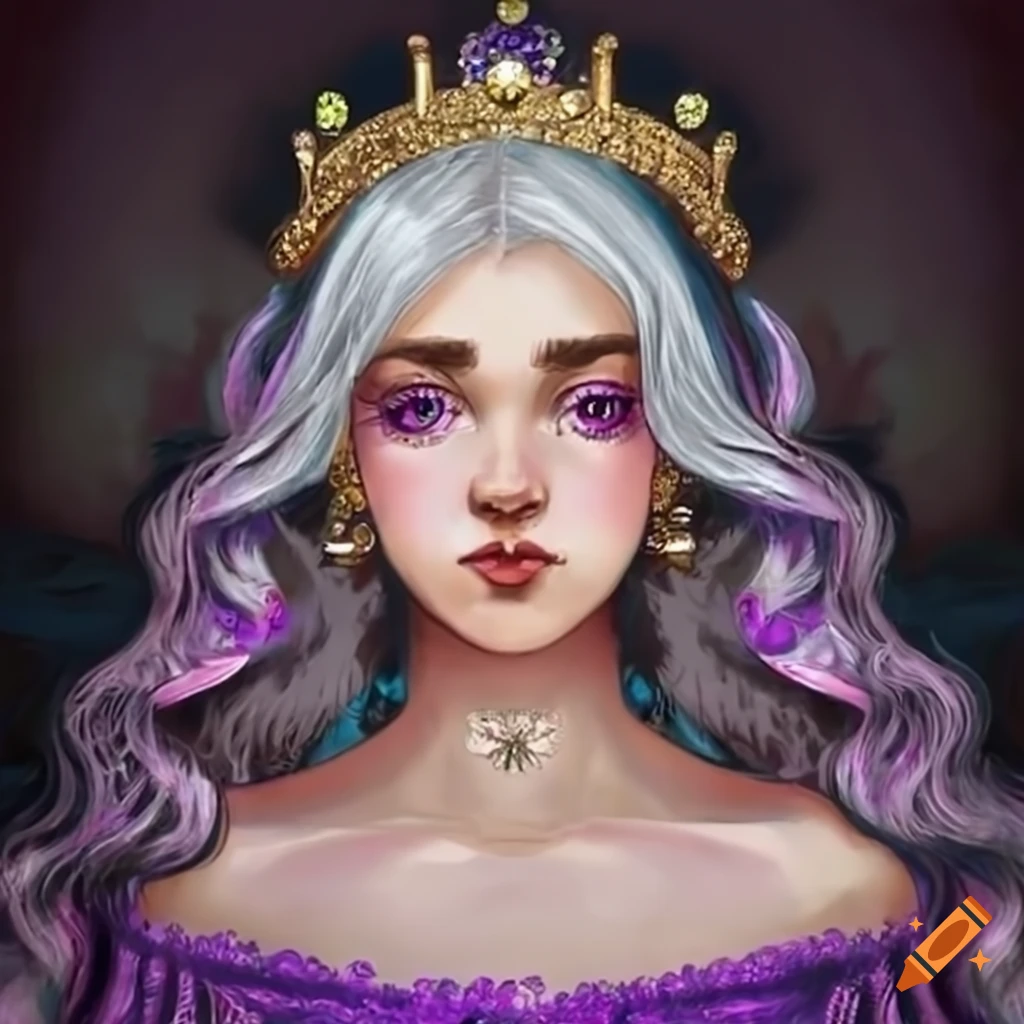 Portrait of a serious young girl with white hair and purple eyes on Craiyon