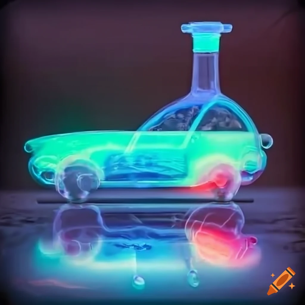 Car doing a wheelie with glowing chemistry flask at its boot