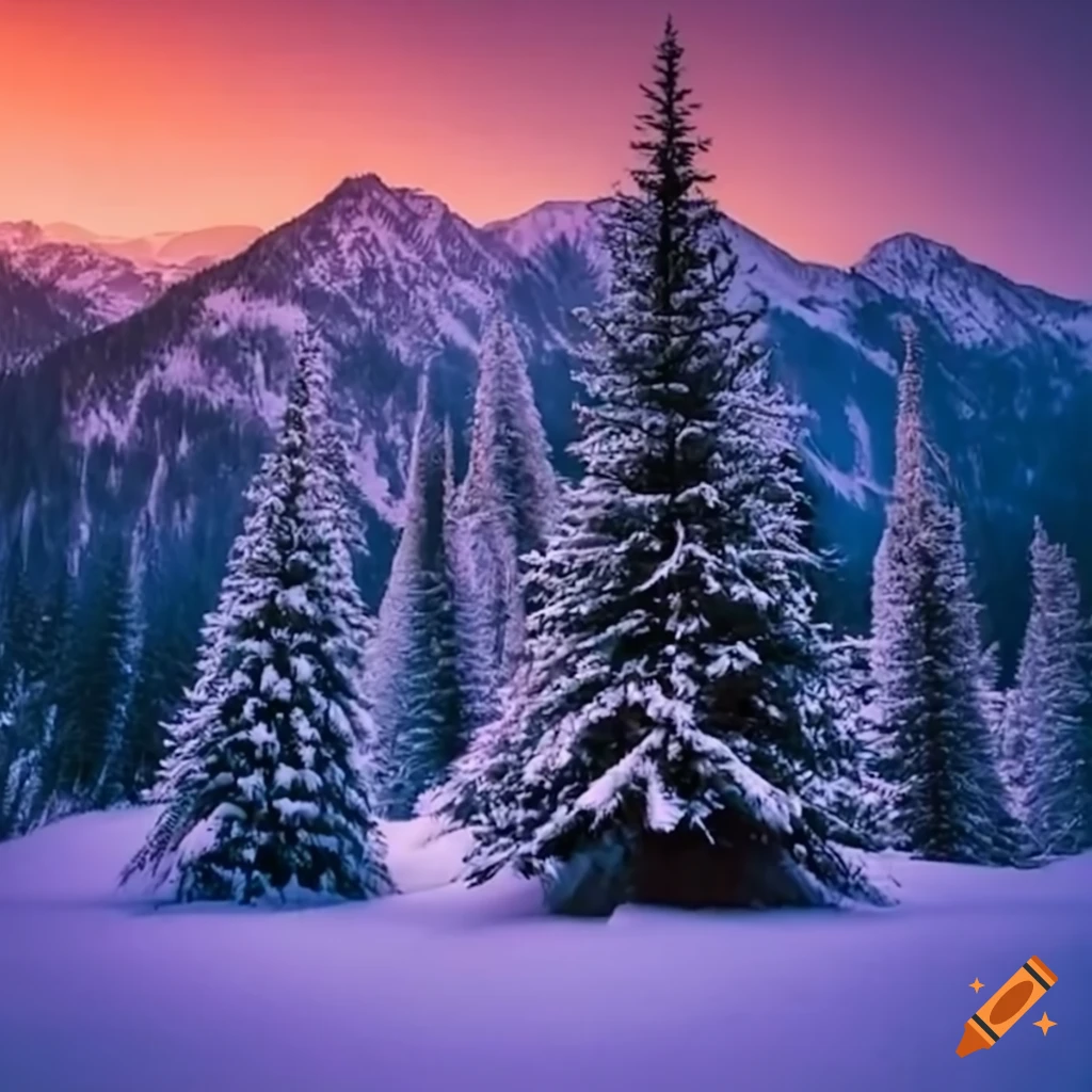 Christmas trees covered in snow in the mountains
