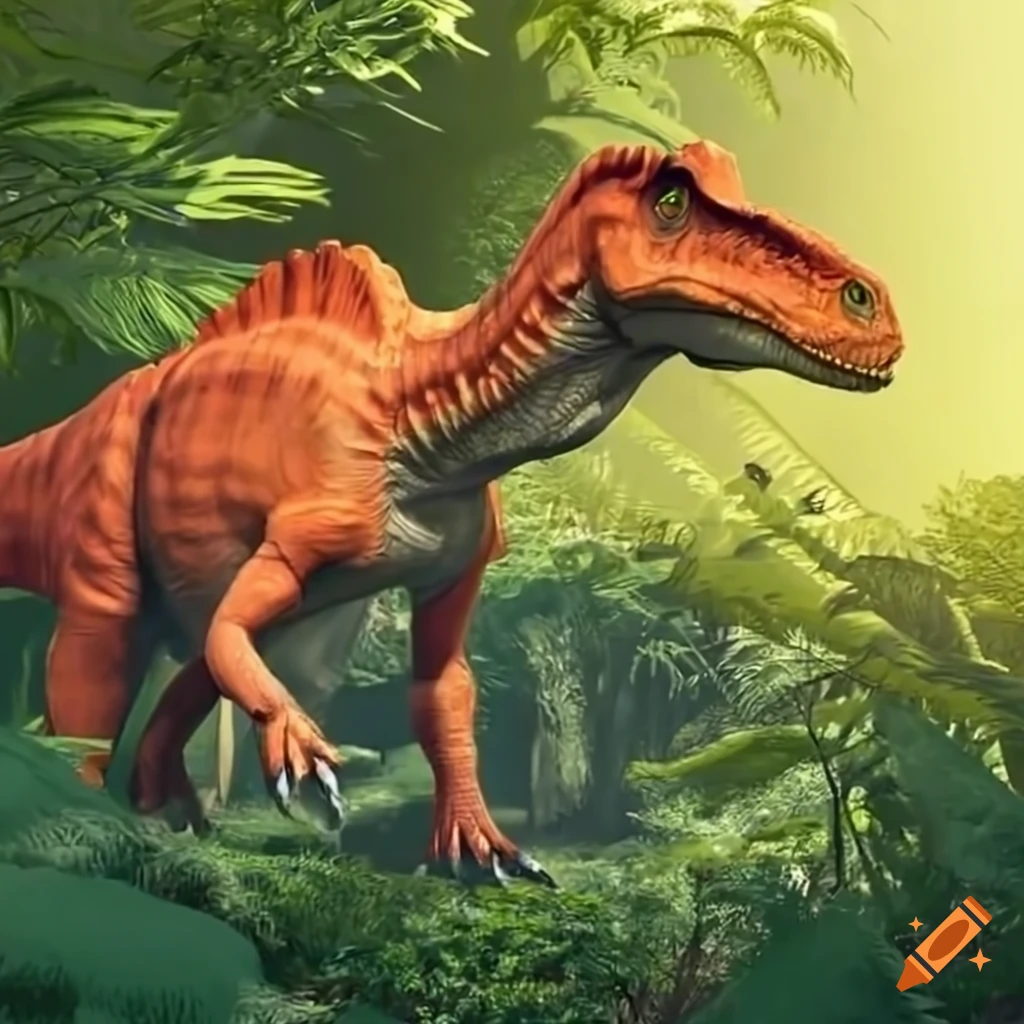 Image of a giant orange spinosaurus in tall vegetation