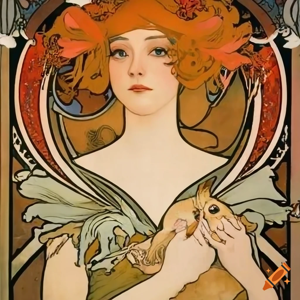 Alphonse mucha's art deco painting with a woman and a rabbit