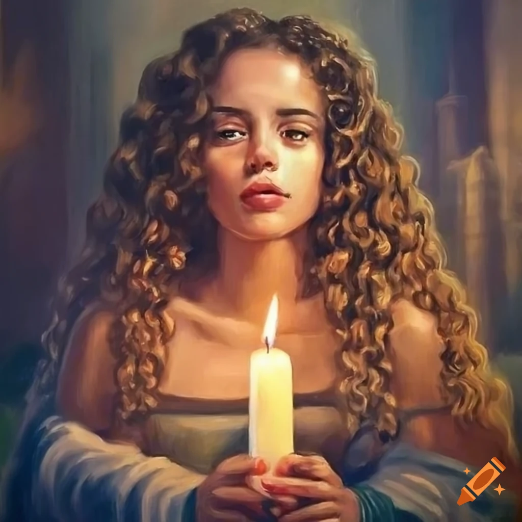 Realistic oil painting of a young woman with long curly hair in a cathedral landscape on Craiyon