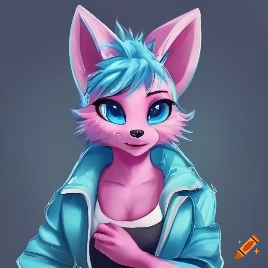 portrait of a pink alien with blue eyes and light blue jacket