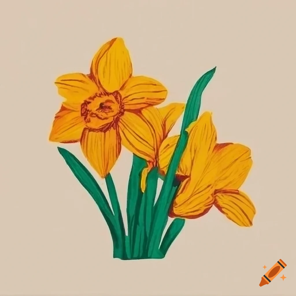 Lino print of vibrant daffodils