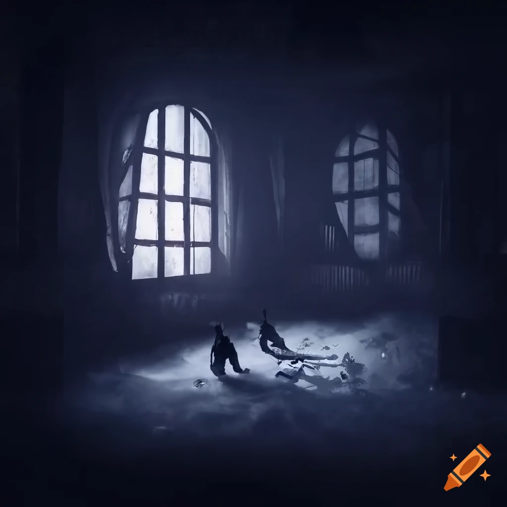 inside of a haunted house with a creepy forest visible through the windows