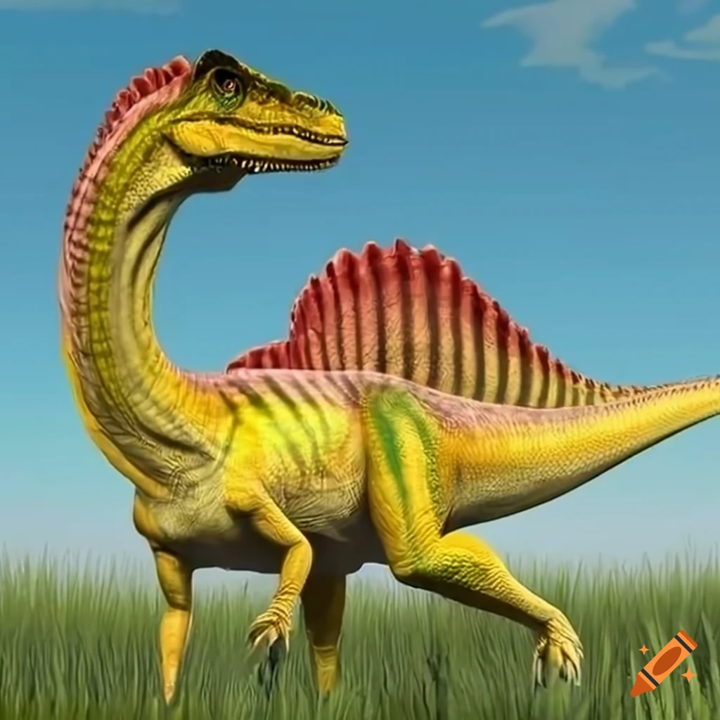 illustration of a yellow spinosaurus in tall grass