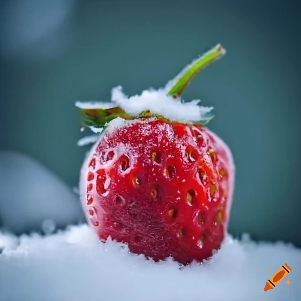 close up of frozen strawberry in snow