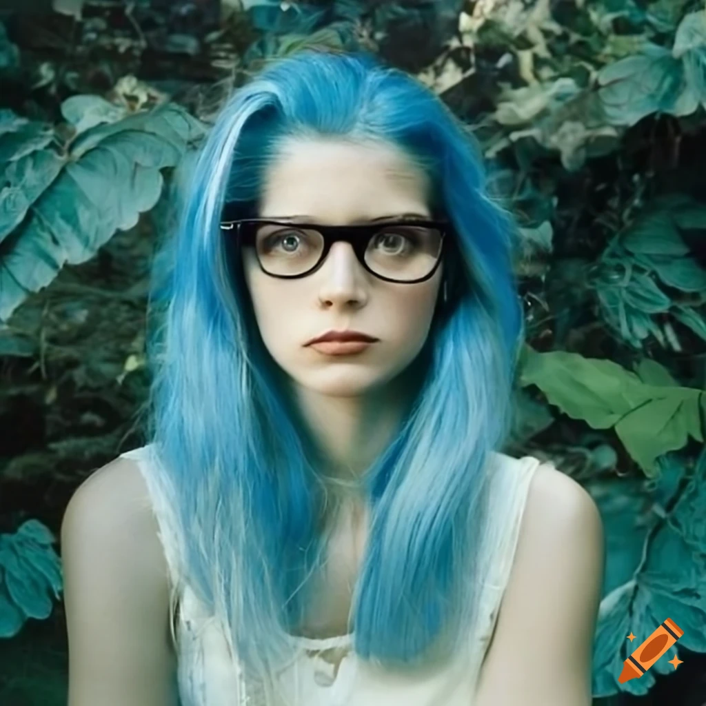 Blue haired girl with glasses from the 70s