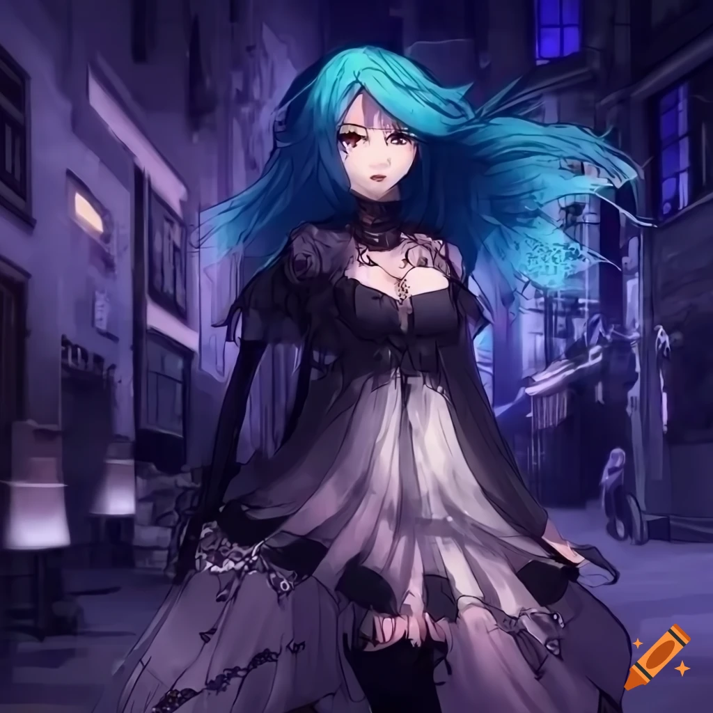 anime character in gothic dress with blue hair in cityscape