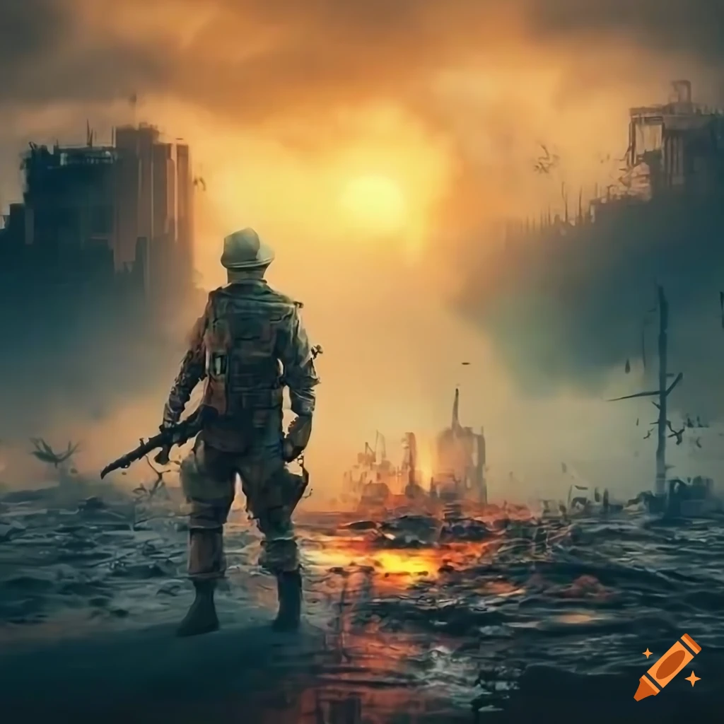 apocalyptic sunset with a lone soldier standing in the smoke