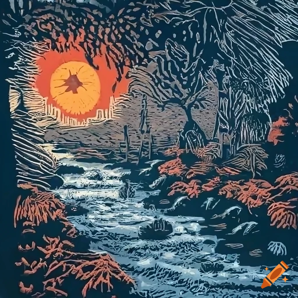 Linocut illustration of a garden world at sunrise on Craiyon