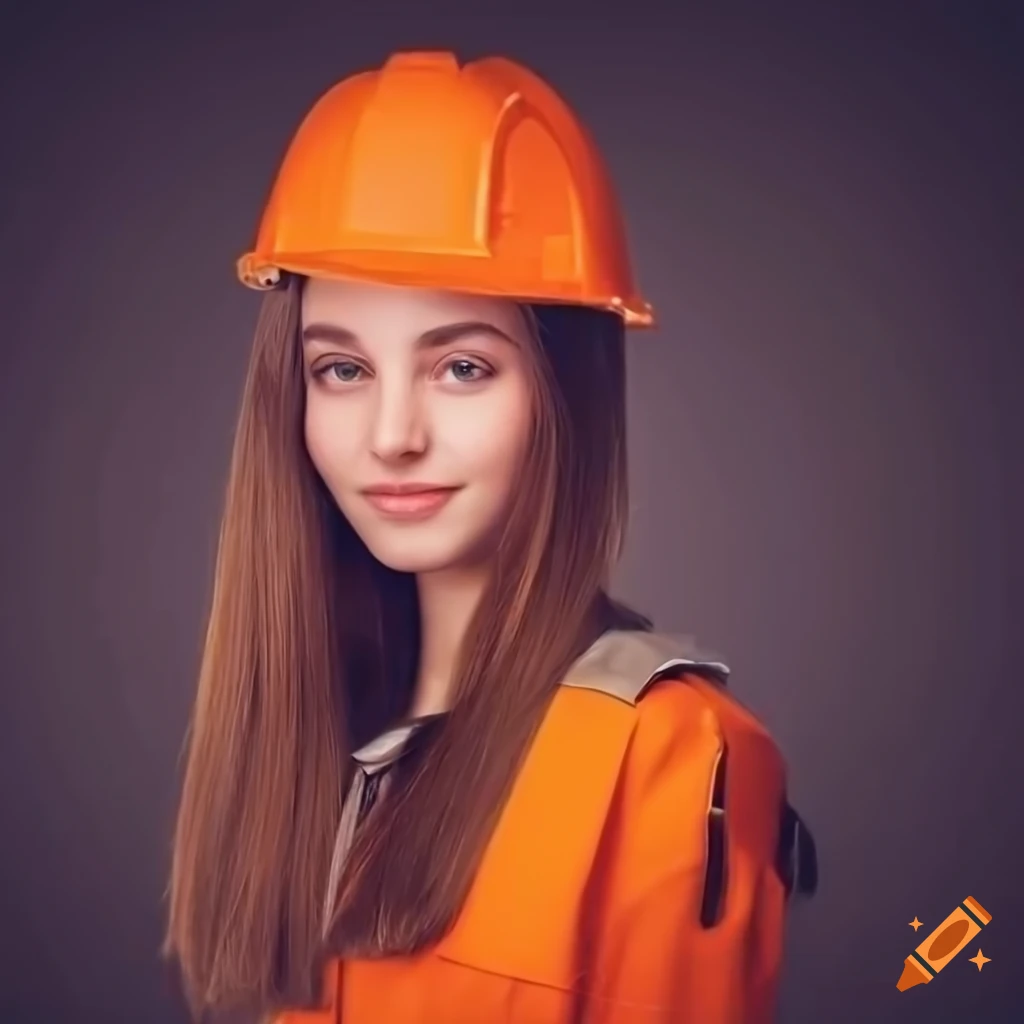 Close-up portrait of a young blonde woman in orange engineer's uniform ...