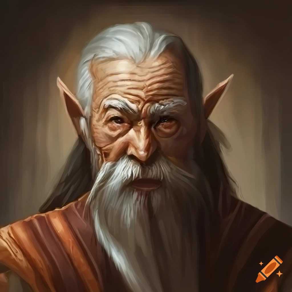 fantasy drawing of an elderly Asian elf wizard