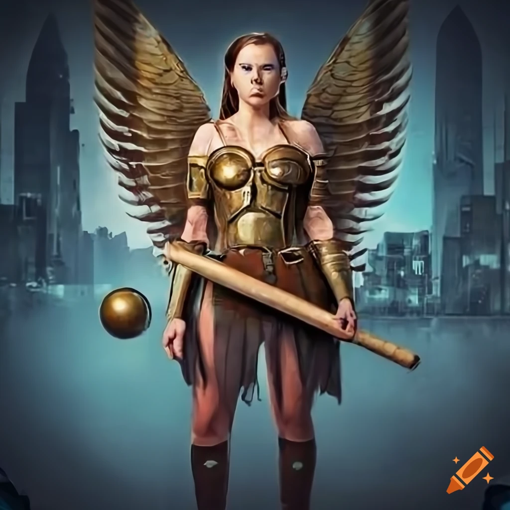 steampunk propaganda poster featuring a valkyrie with a baseball bat