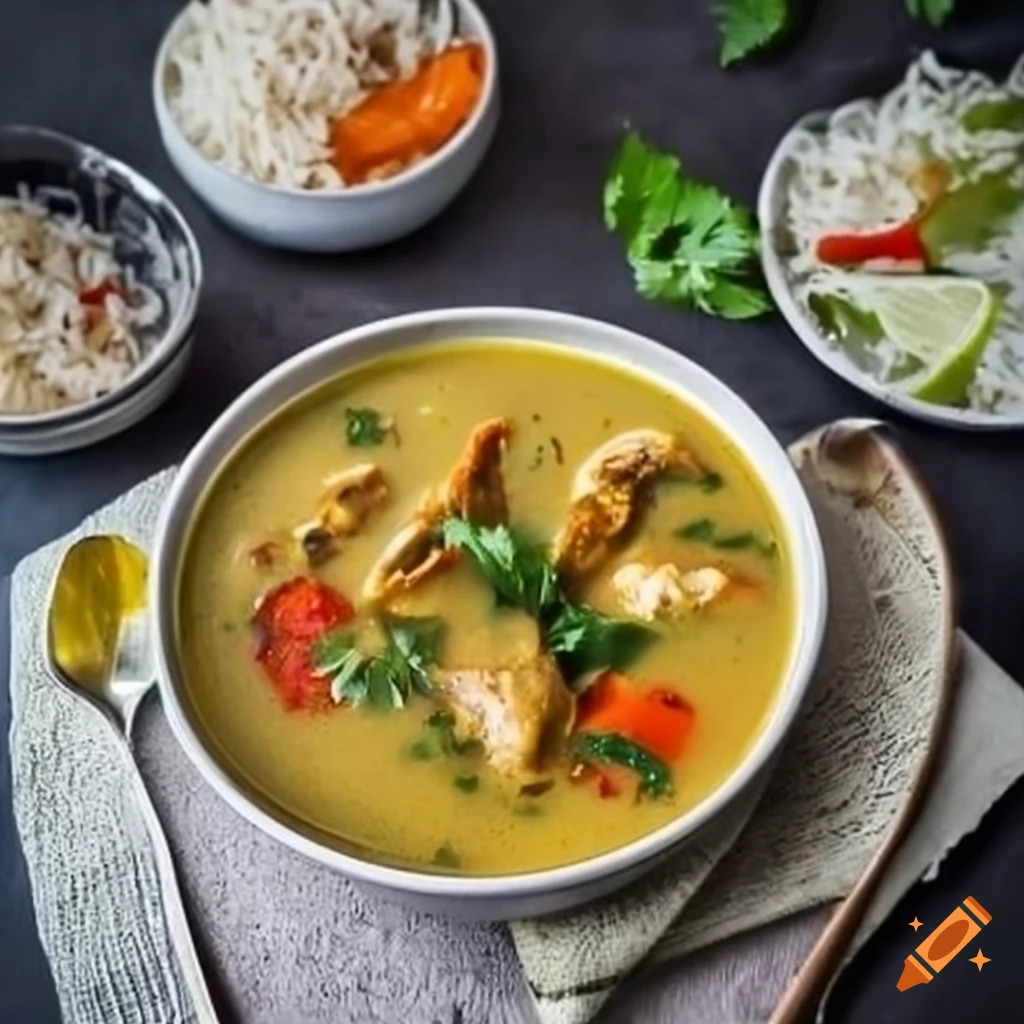 Delicious indian chicken soup with roasted wing, rice and salad on Craiyon