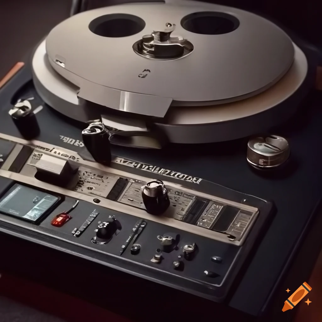 Detailed image of a vintage reel-to-reel magnetic tape recorder on