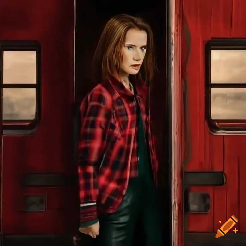 portrait of a person with messy hair and red plaid shirt in a caravan doorway