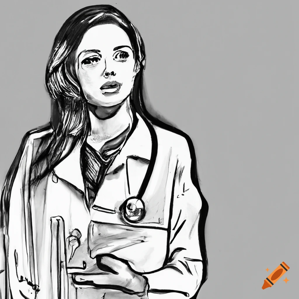 Illustration of line drawing a beautiful young surgeon or medical nurse  posing wearing uniform scrubs with