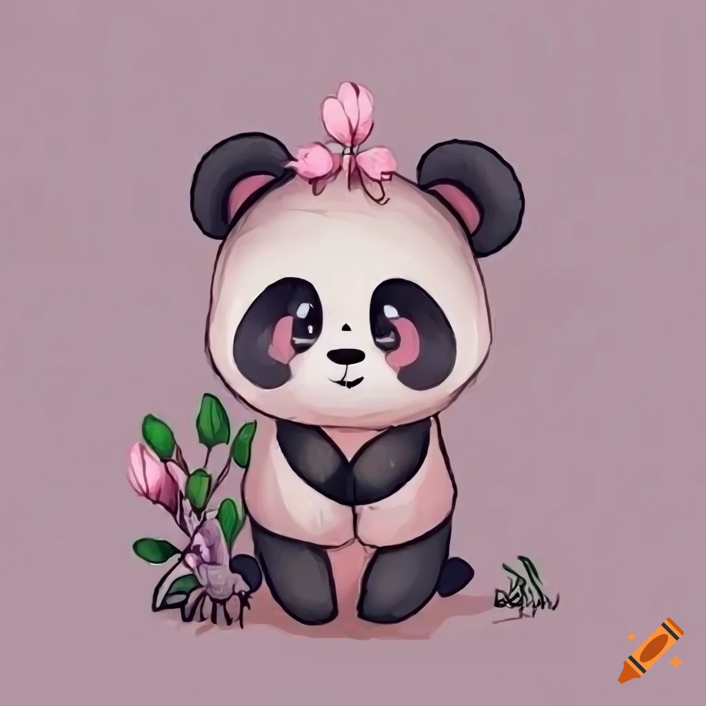 chibi grey panda with pink flowers favicon