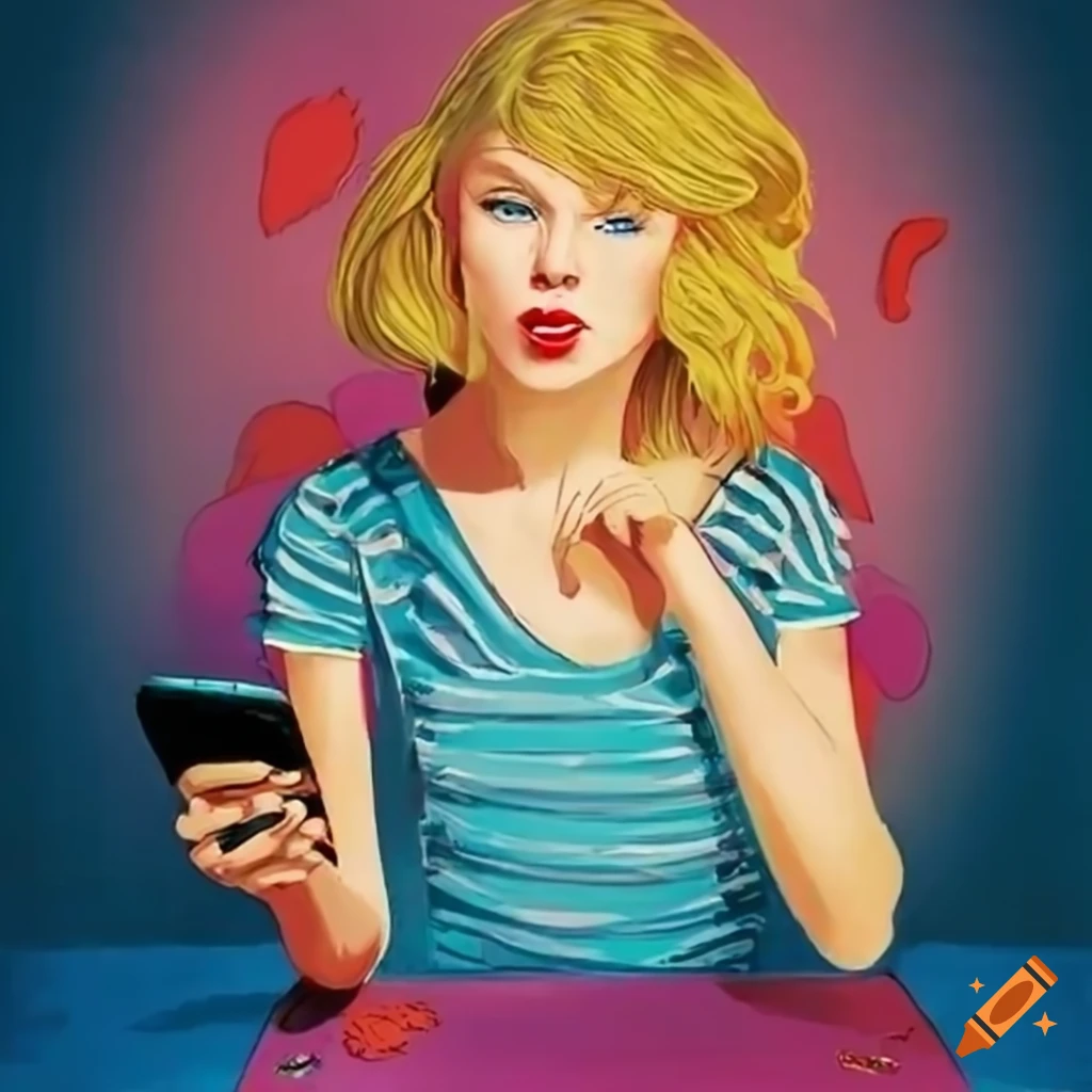 Colorful Humorous Illustration Of Taylor Swift On Her Smart Phone On