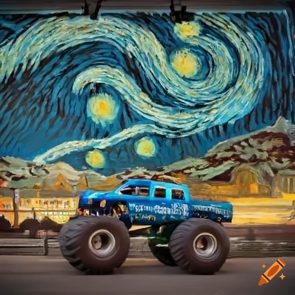 artistic depiction of Santa Claus in a blue monster truck