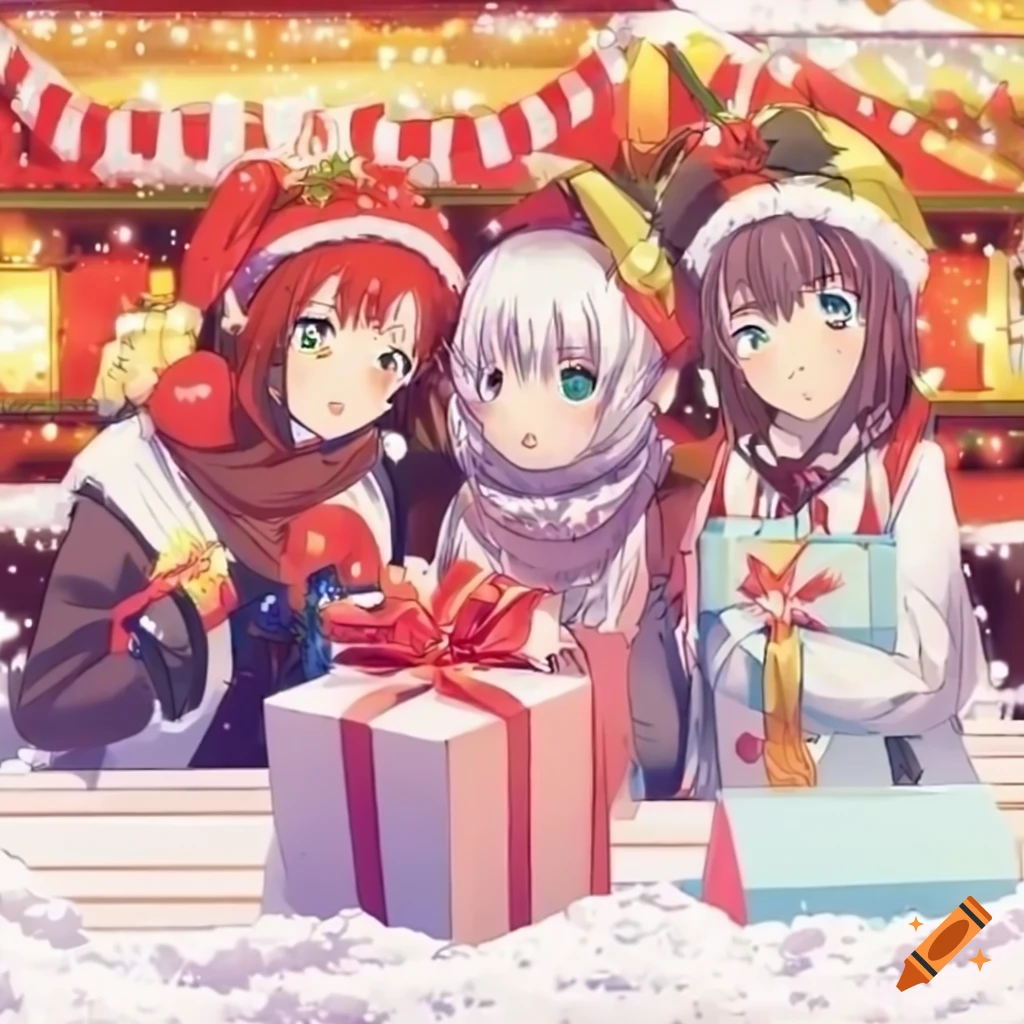 Anime girls at a christmas market buying gifts on Craiyon