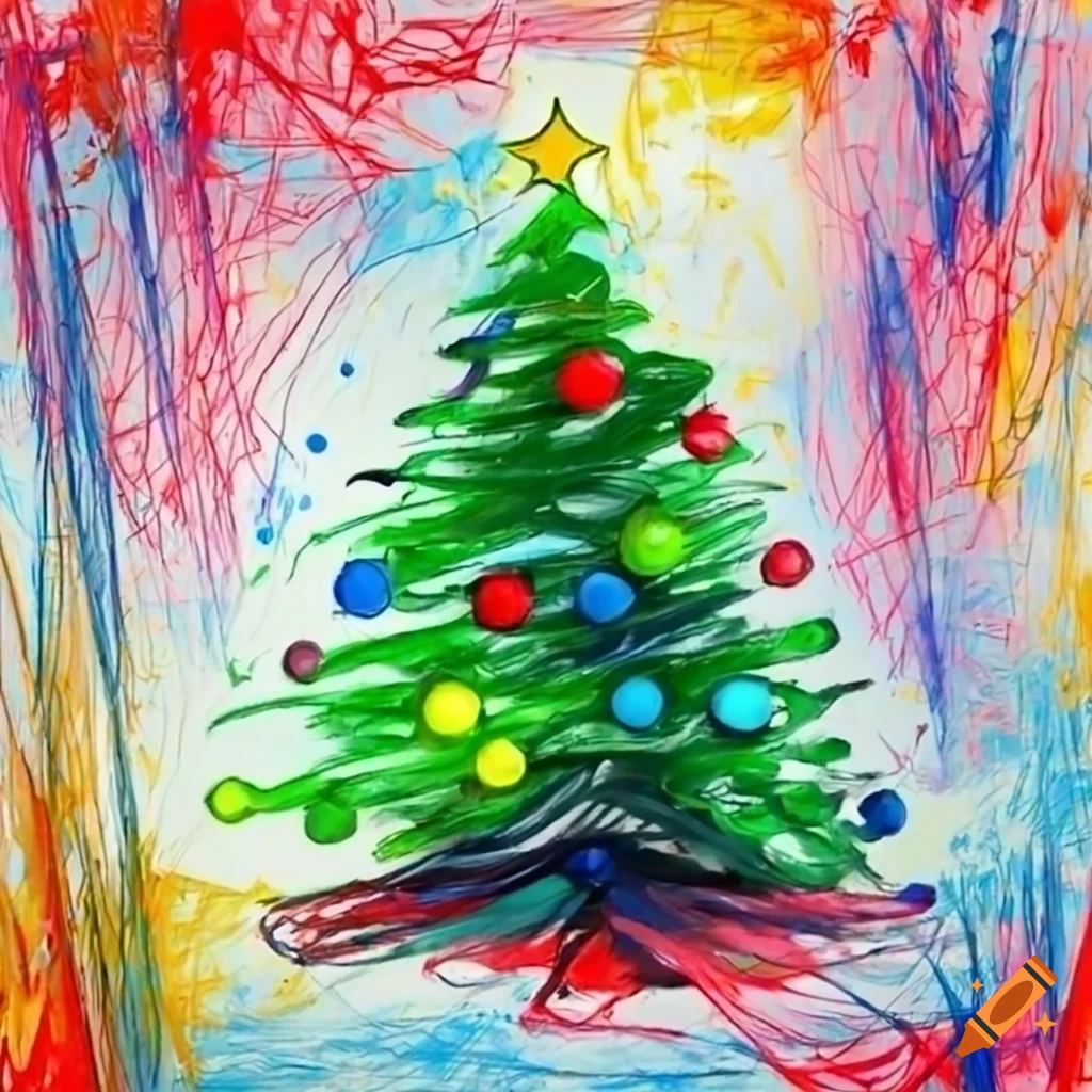 Festive crayon style christmas tree on white background