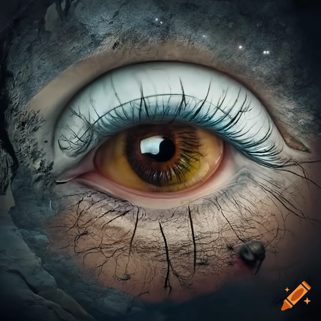 surreal illustration of a crying eye in a waste mountain