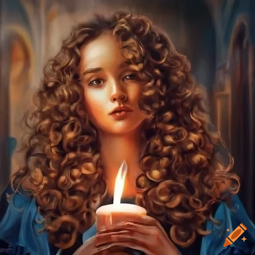 Portrait of a woman with knee-length curly hair in impressionist style ...