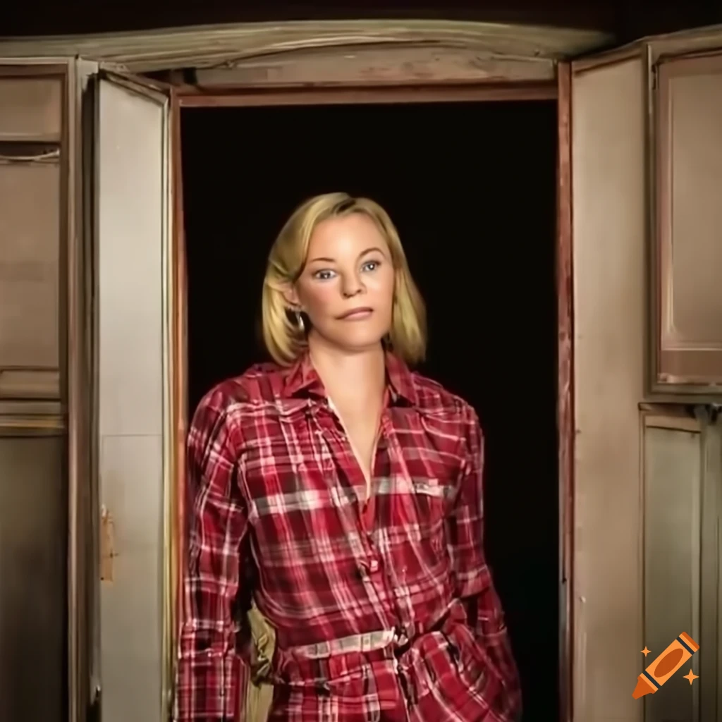 actress resembling Elizabeth Banks standing in a doorway