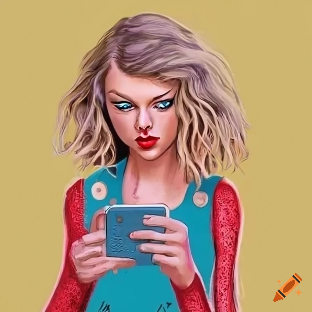 Colorful And Humorous Illustration Of Taylor Swift On Her Smartphone