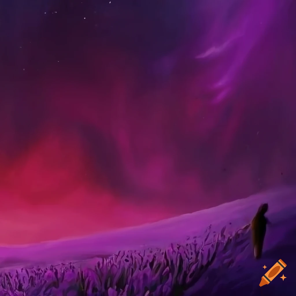 surreal painting of a lavender and crimson blizzard
