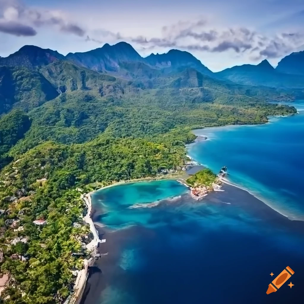 stunning aerial view of a town on a tropical island