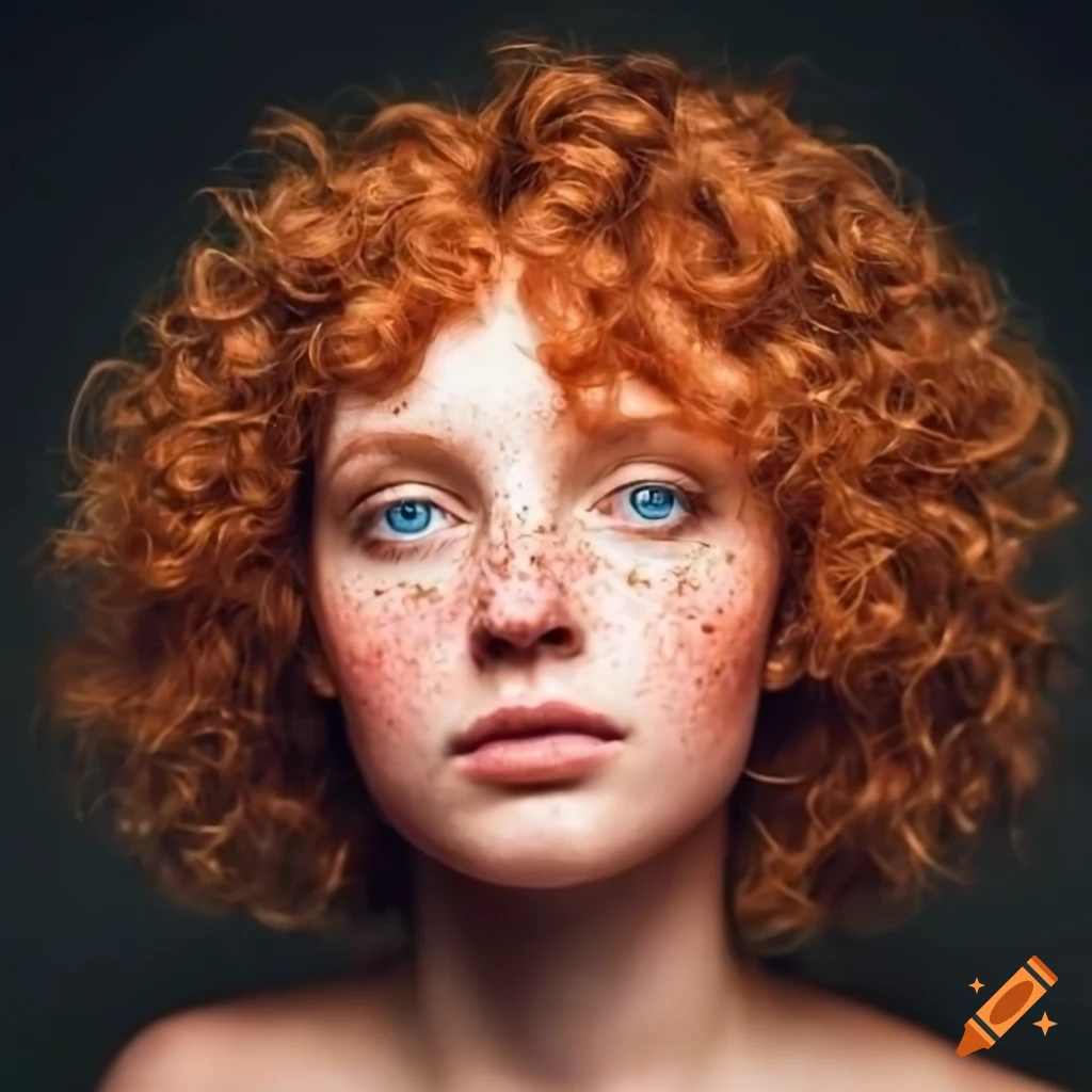 Portrait of a striking redhead woman with curly hair and freckles on ...