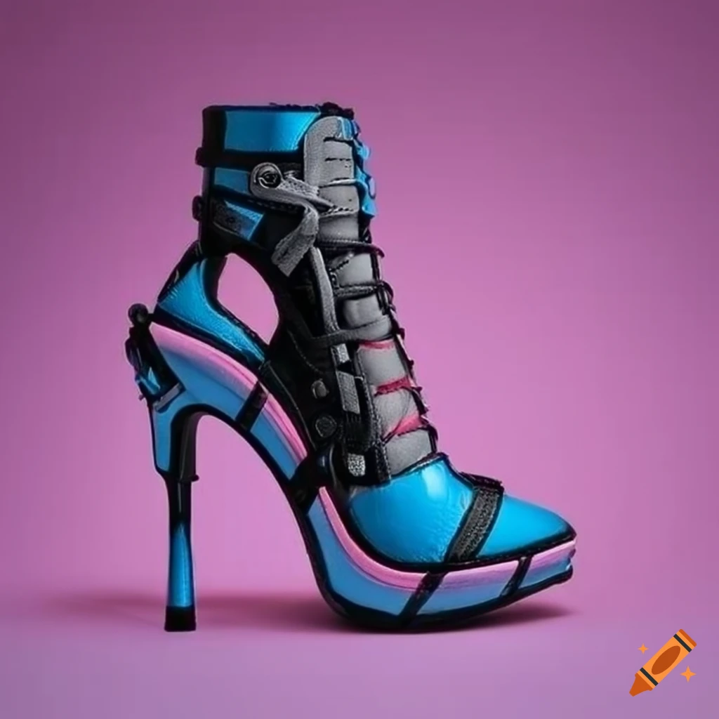 Cyberpunk-inspired high heel shoes in pink, grey, black, and blue on ...