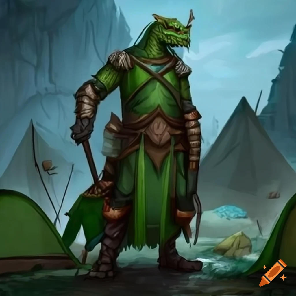 Artwork of a dragonborn leader with a tent village on Craiyon