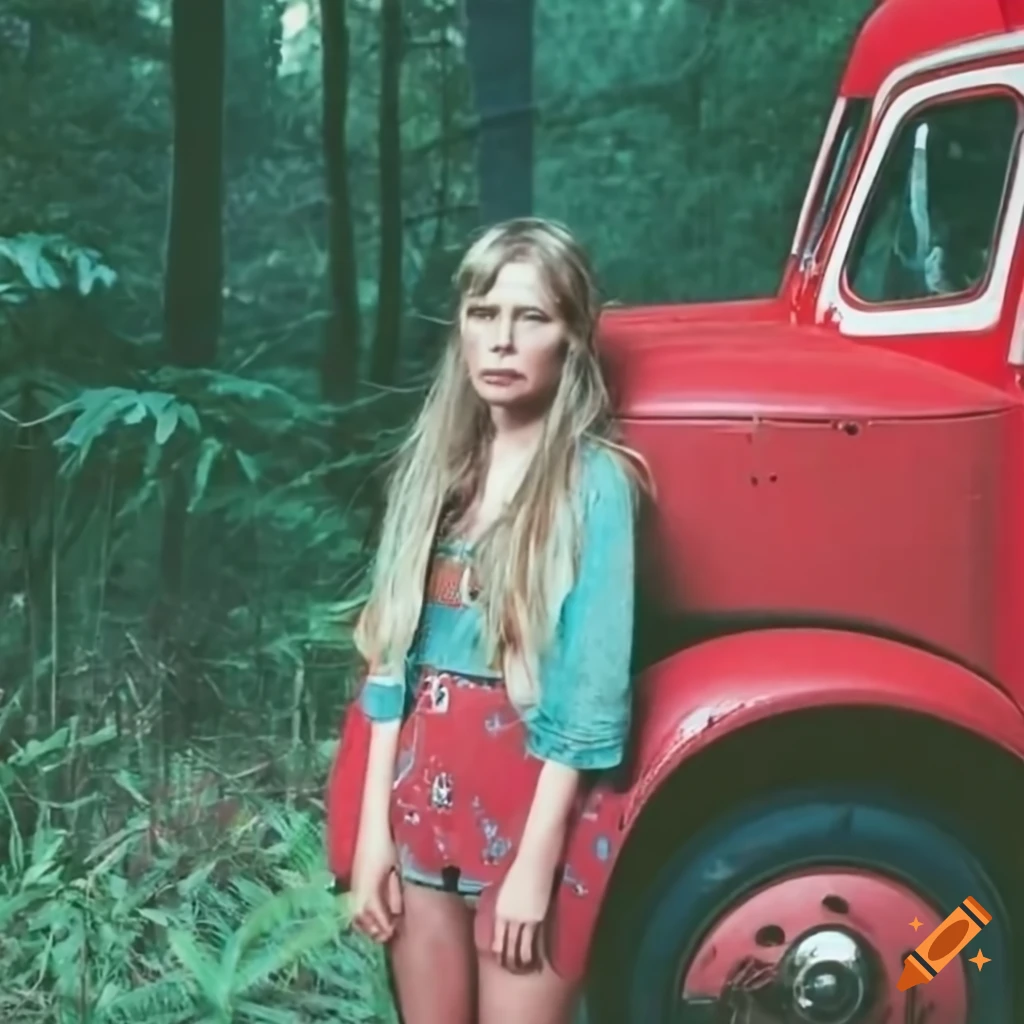 photo of Joni Mitchell in front of a vintage truck