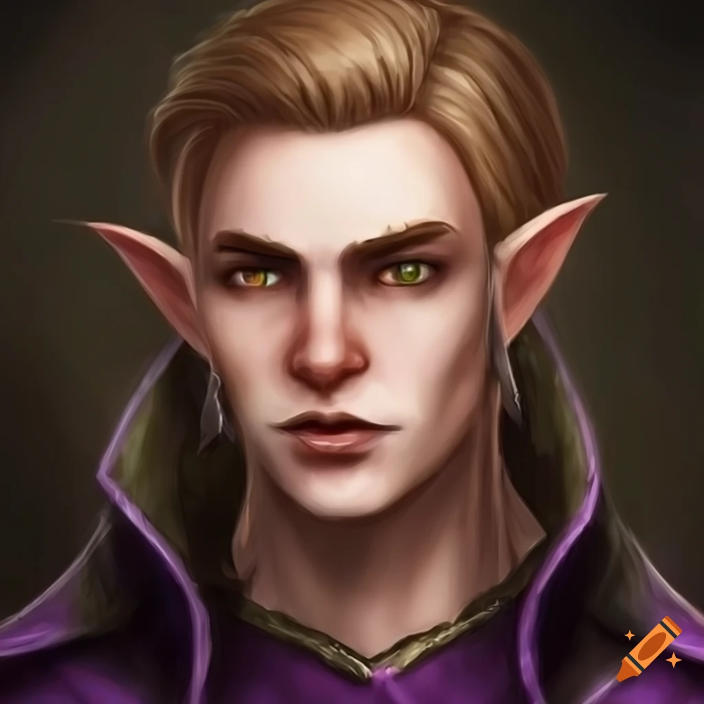 Portrait of a square-faced male elf with a purple cape