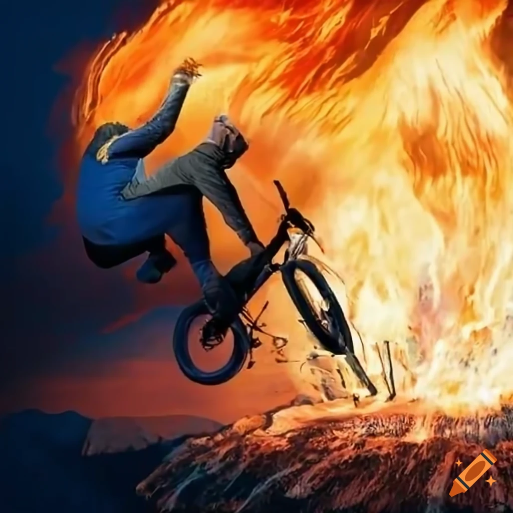 mountain biker jumping over a lake of fire