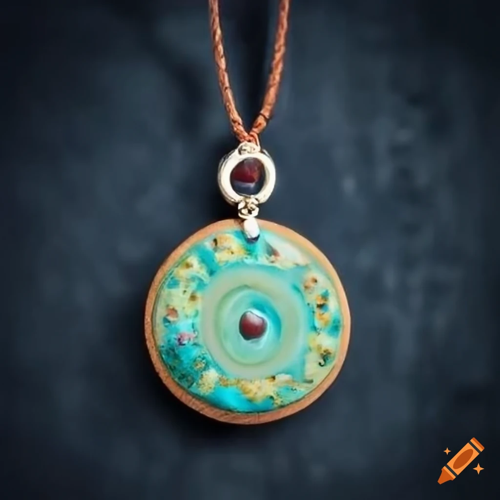 Handmade amulet with round fancy stone on a leather strap