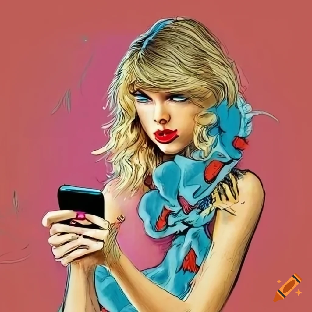 Colorful And Humorous Illustration Of Taylor Swift On Her Smartphone