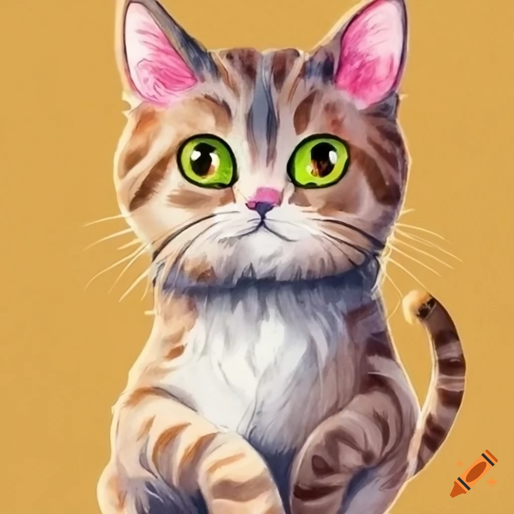 colored pencil drawing of a cute yellow-eyed anime cat
