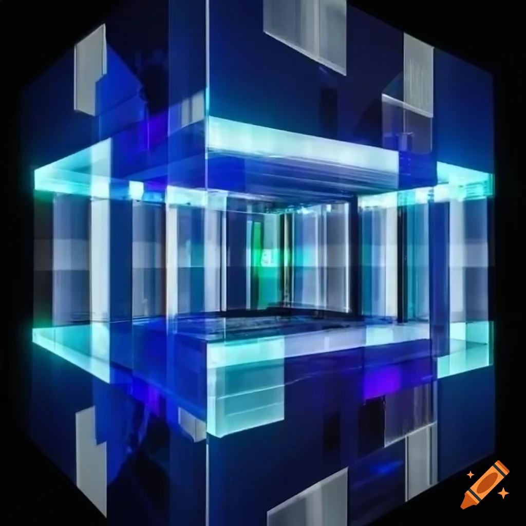 Glass cube displaying augmented reality holograms on Craiyon