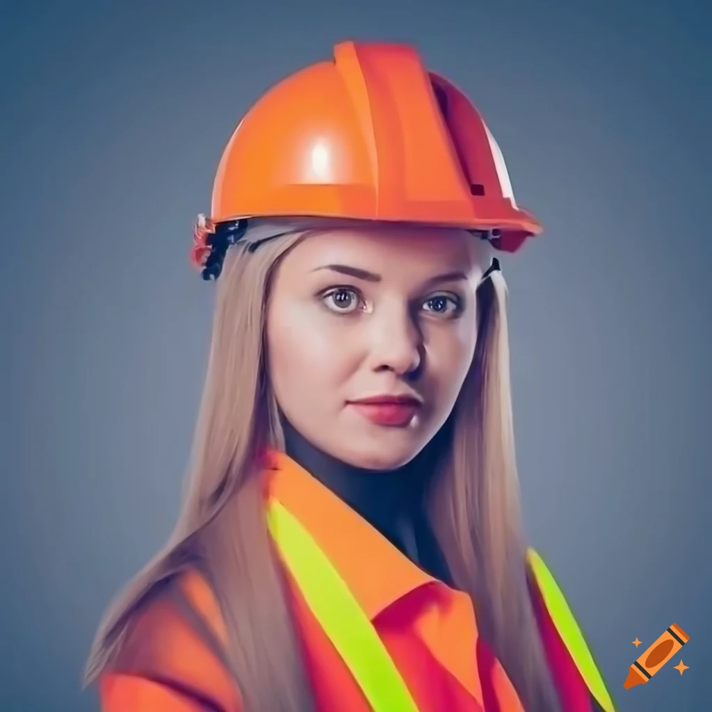close-up portrait of a young woman in orange engineer's uniform