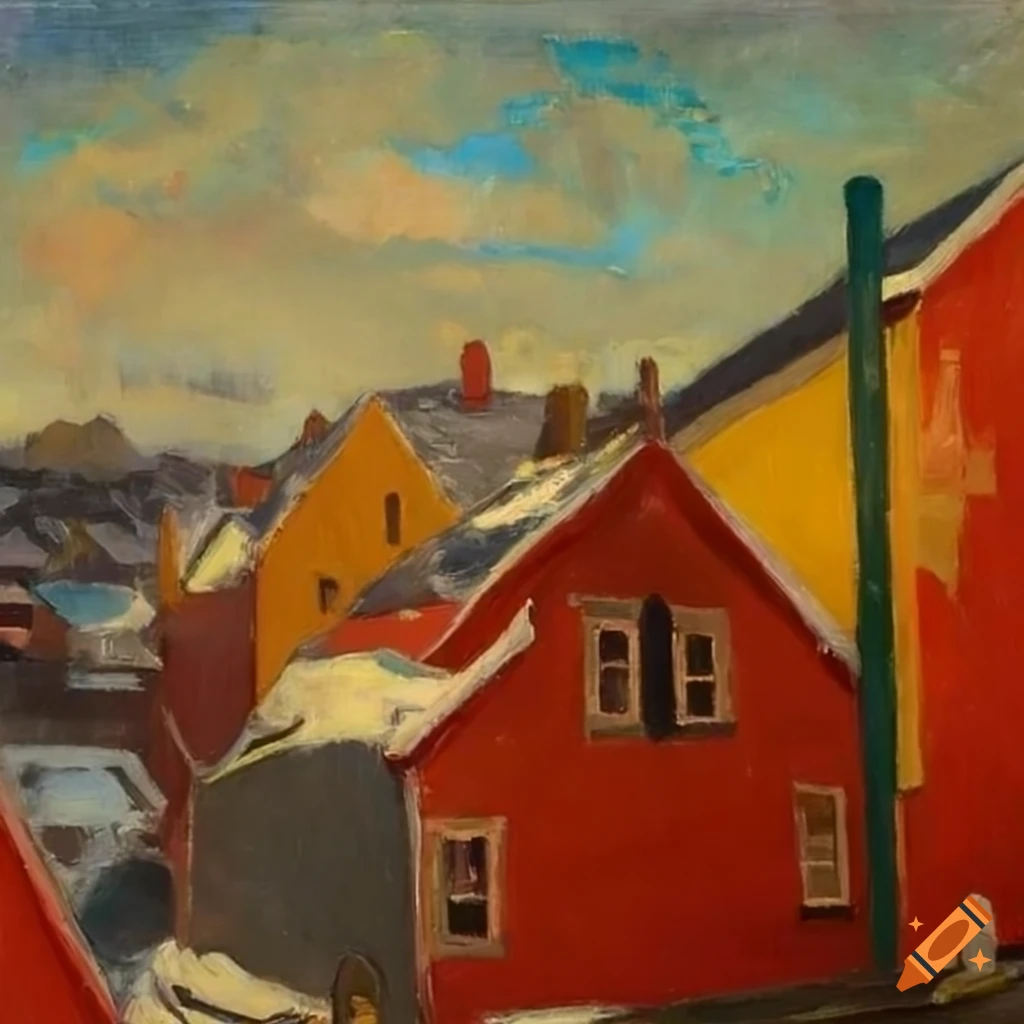 Colorful oil painting of a coastal town in wintertime on Craiyon
