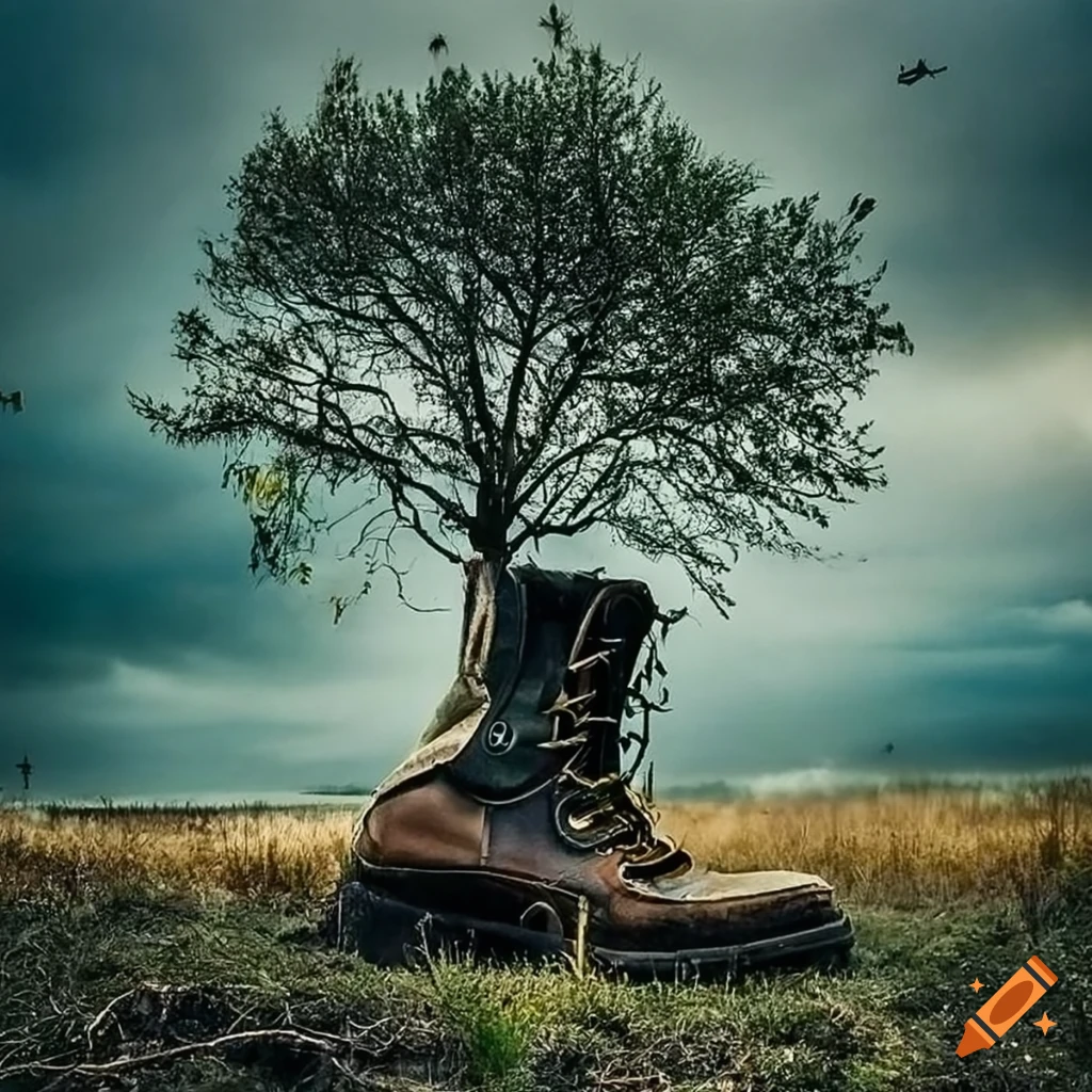 Photo of a tree growing inside a boot on Craiyon