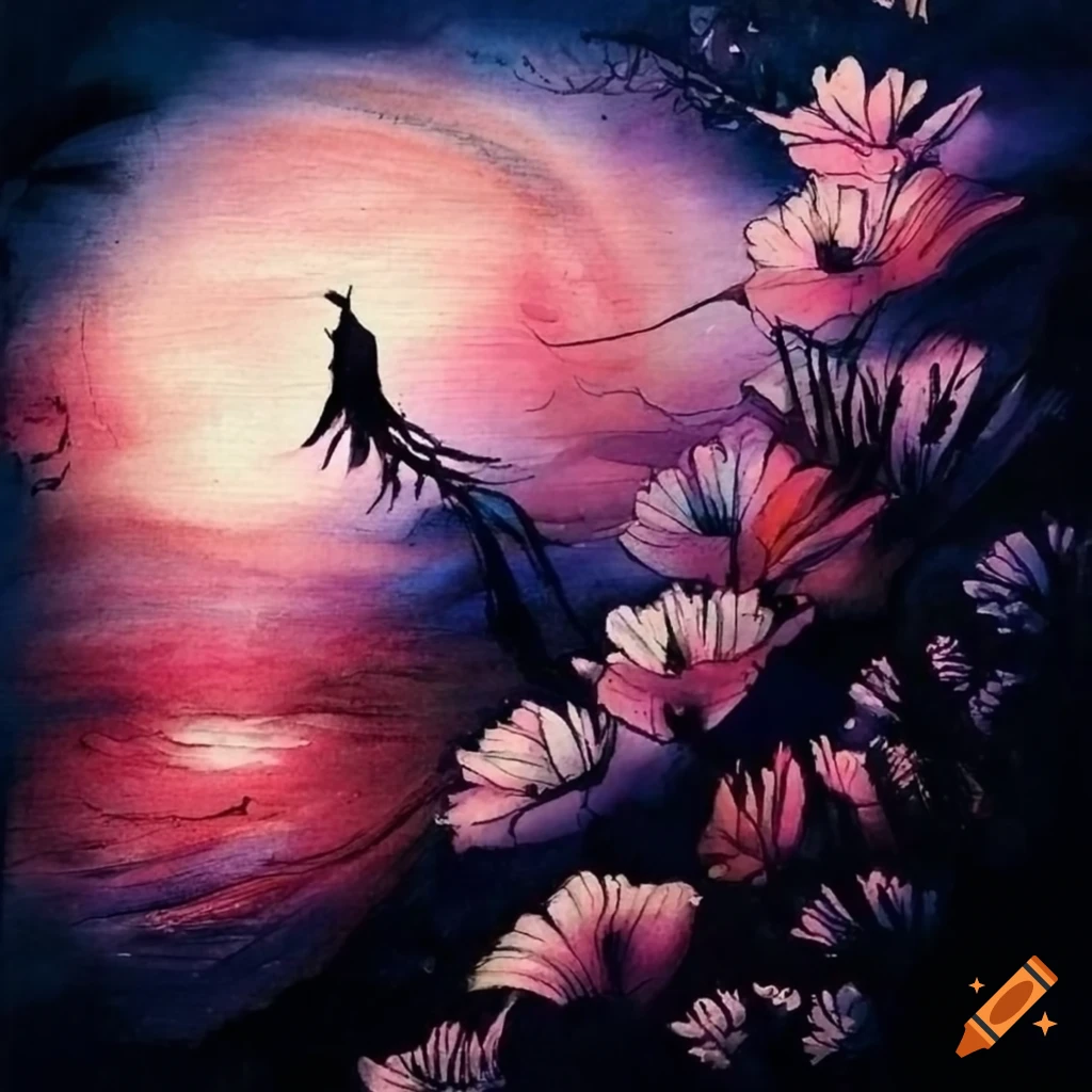 Ink painting of flowers and landscape