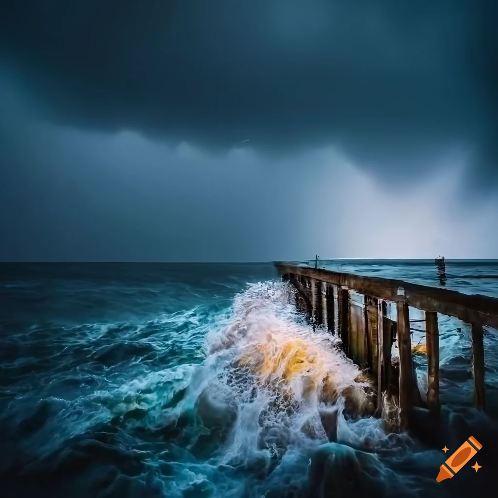 photo of stormy sea and crashing waves at night